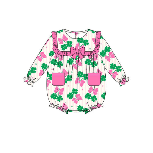 custom moq 5 St Patrick clover green pink pockets long sleeve girls romper