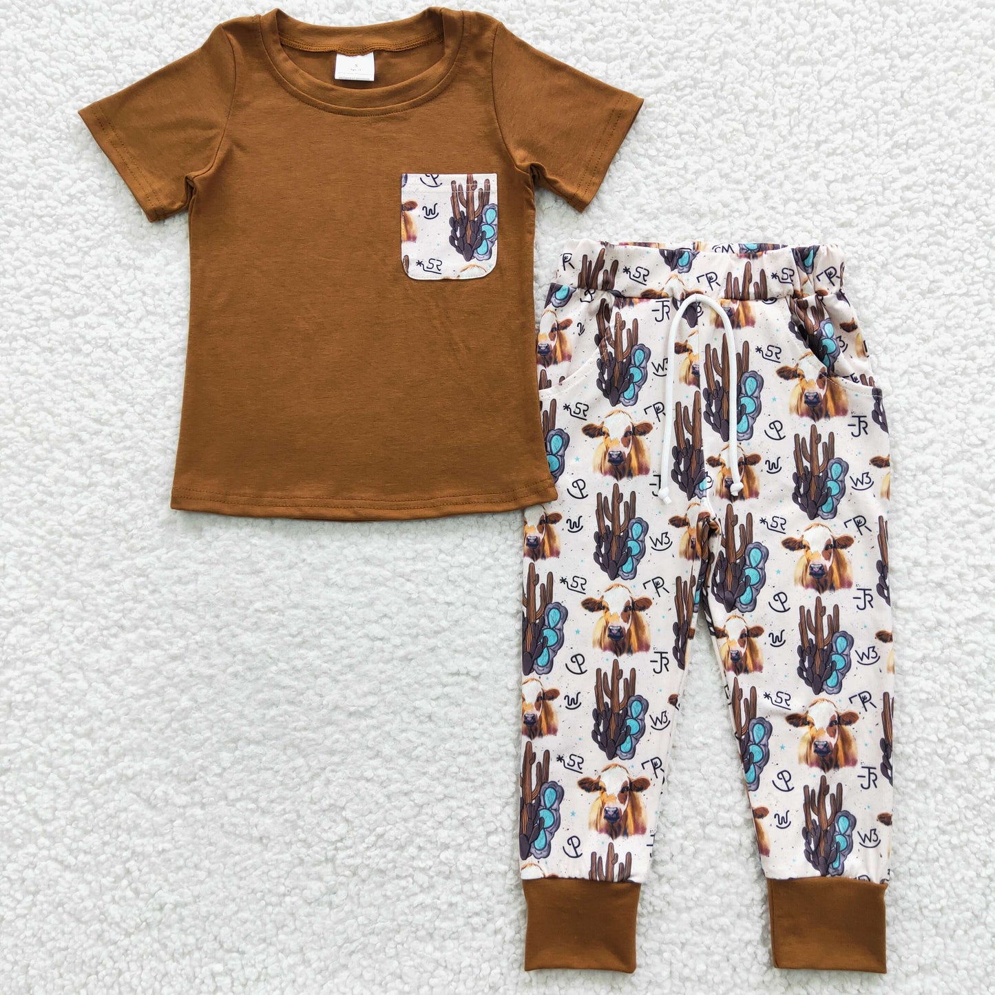 BSPO0107 Cow Cactus Western Pocket Brown Short Sleeves Boys Summer Set