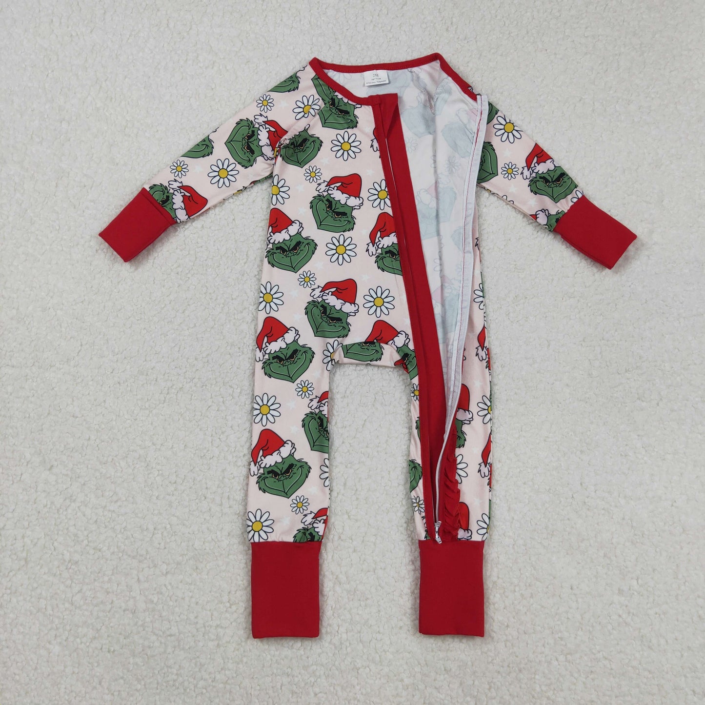 LR2489 Christmas green face flowers long sleeve zipper girls romper