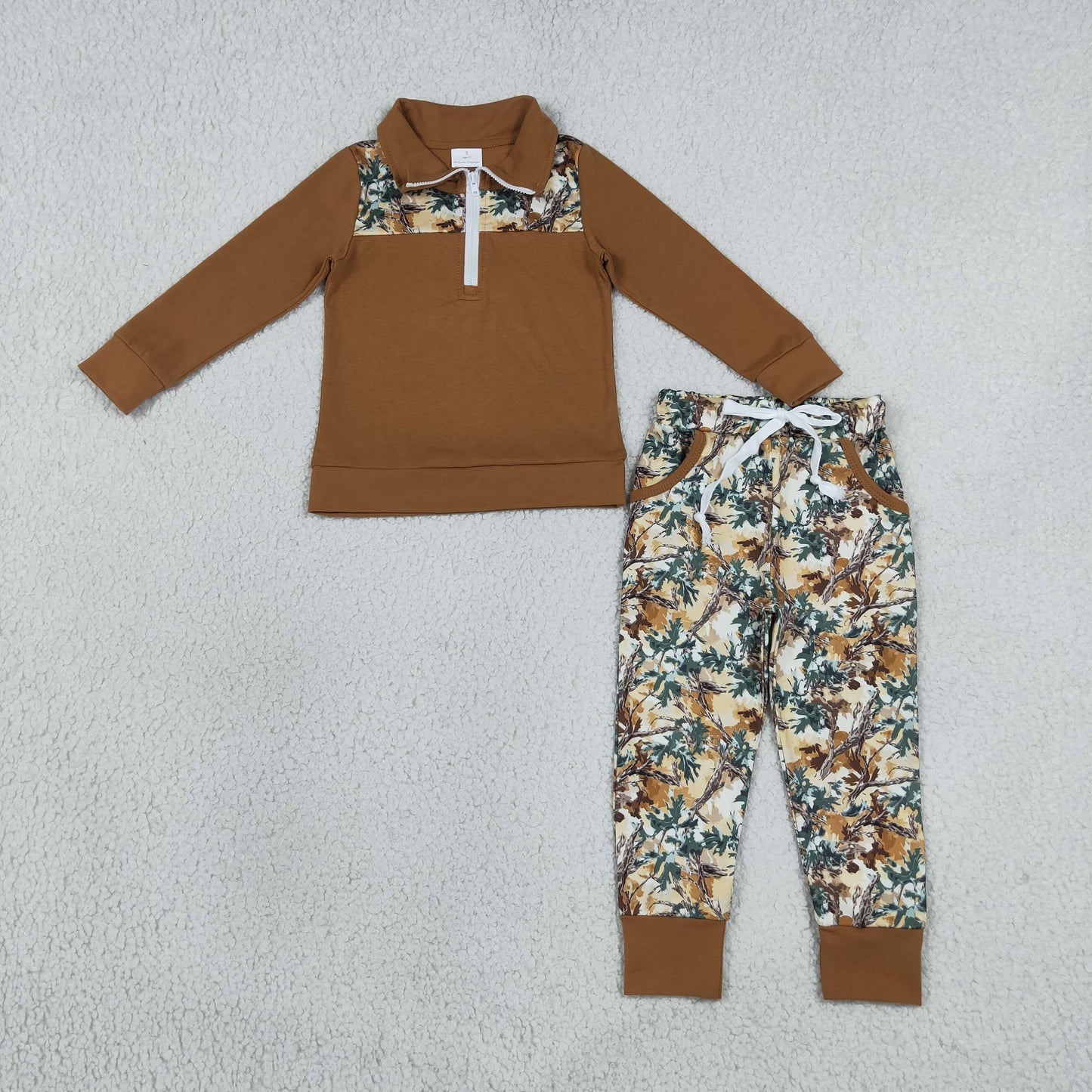 BLP1447 Hunting Camo Brown Zipper Long Sleeve Pants Boys Set
