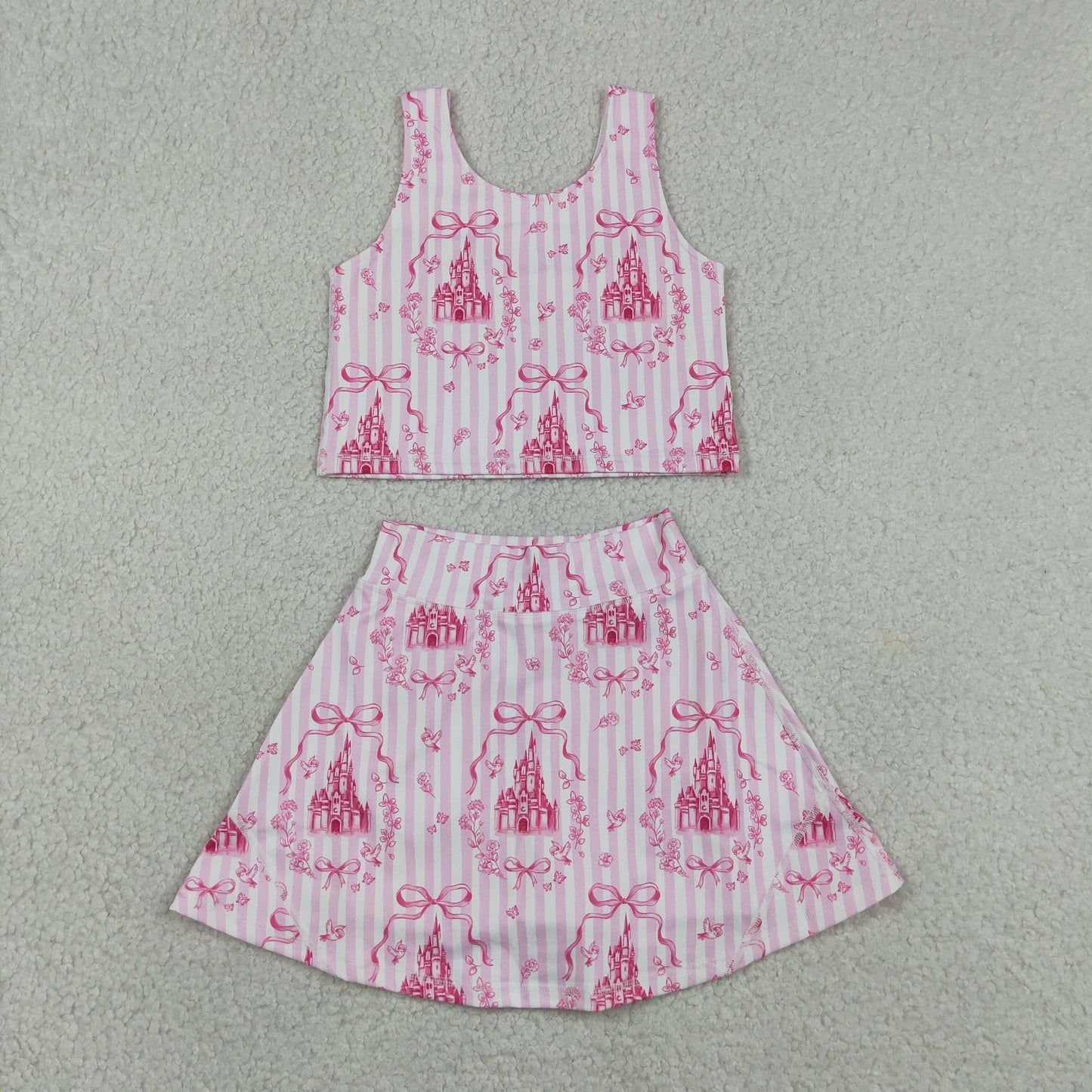 GSD3814 Yoga Pink Castle Bows Sleeveless Skorts Girls Set