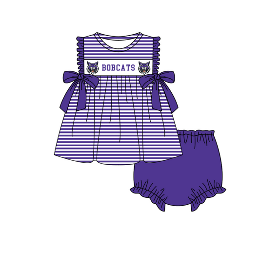 Custom Moq 3 Football Item Purple Bobcats Bows Sleeveless Girls Bummies Set