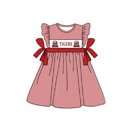 custom style football TIGERS red checkered flutter sleeve girls dress moq 3