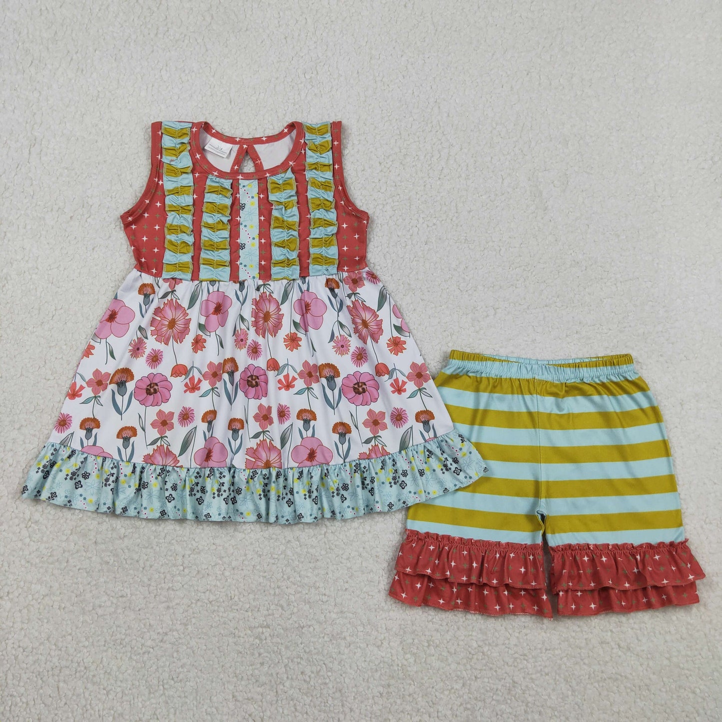 GSSO3740 Flowers Green Sleeveless Shorts Girls Set