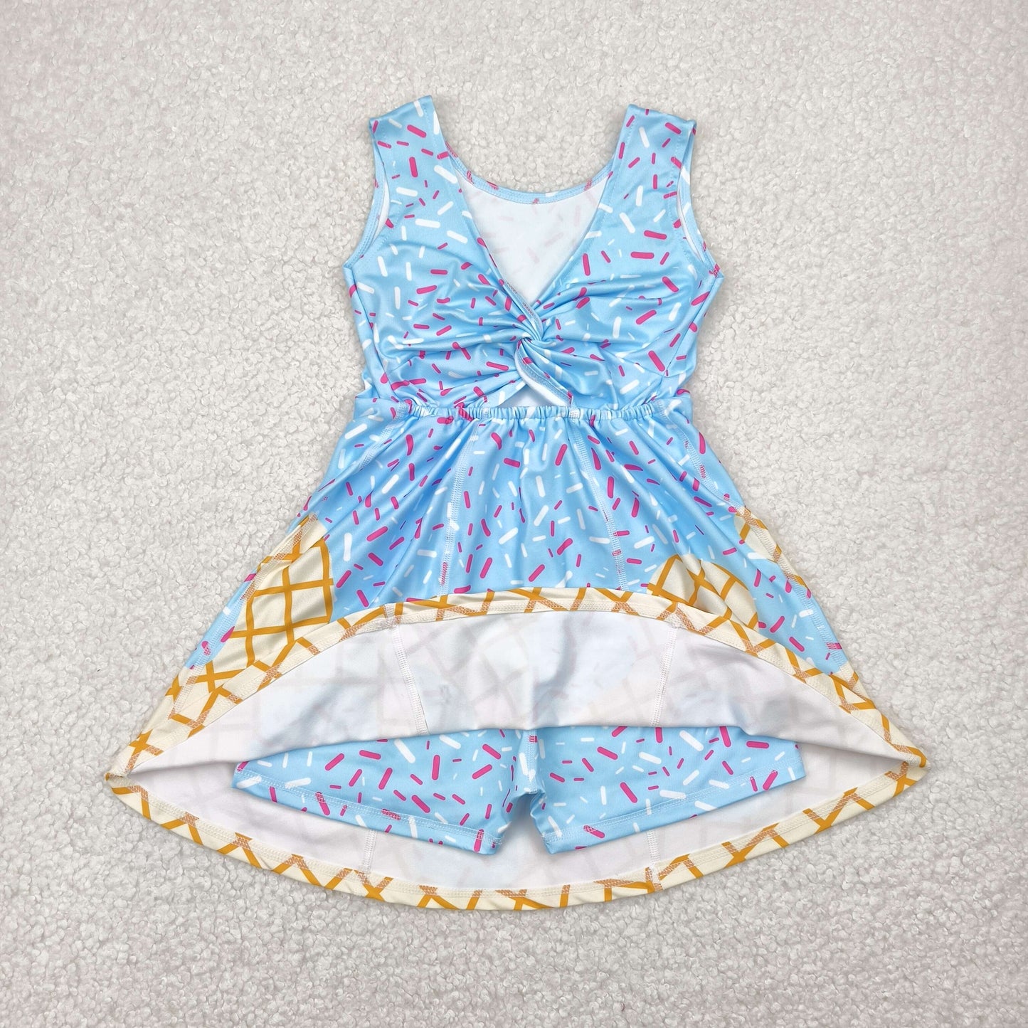 USA SHOP GSD2380 yoga ice sky blue sleeveless with shorts girls twril bow dress