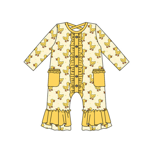 moq 3 custom Yellow Cartoon Duck Pockets Long Sleeve Girls Romper