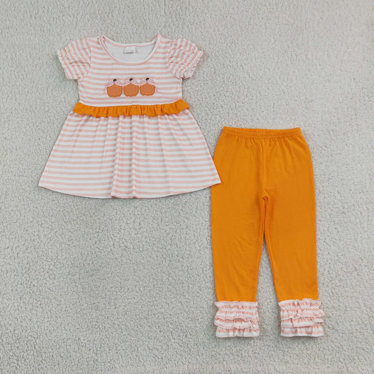 Embroidery GSPO2337 Pumpkin Bows Pink Striped Short Sleeve Orange Pants Girls Set