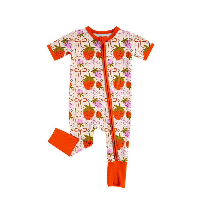 custom moq 5 cute strawberry bows red zipper short sleeve girls romper