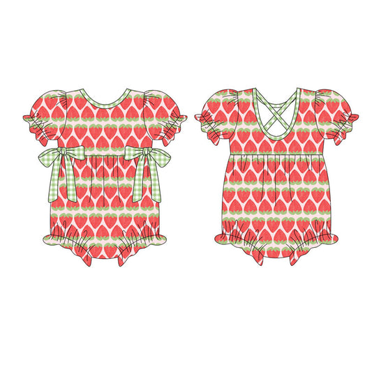 custom moq 5 strawberry bows short sleeve girls romper