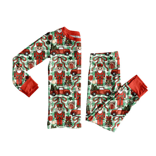 Custom moq 20 bamboo Christmas tree truck soldier red long sleeve pants girls pajamas