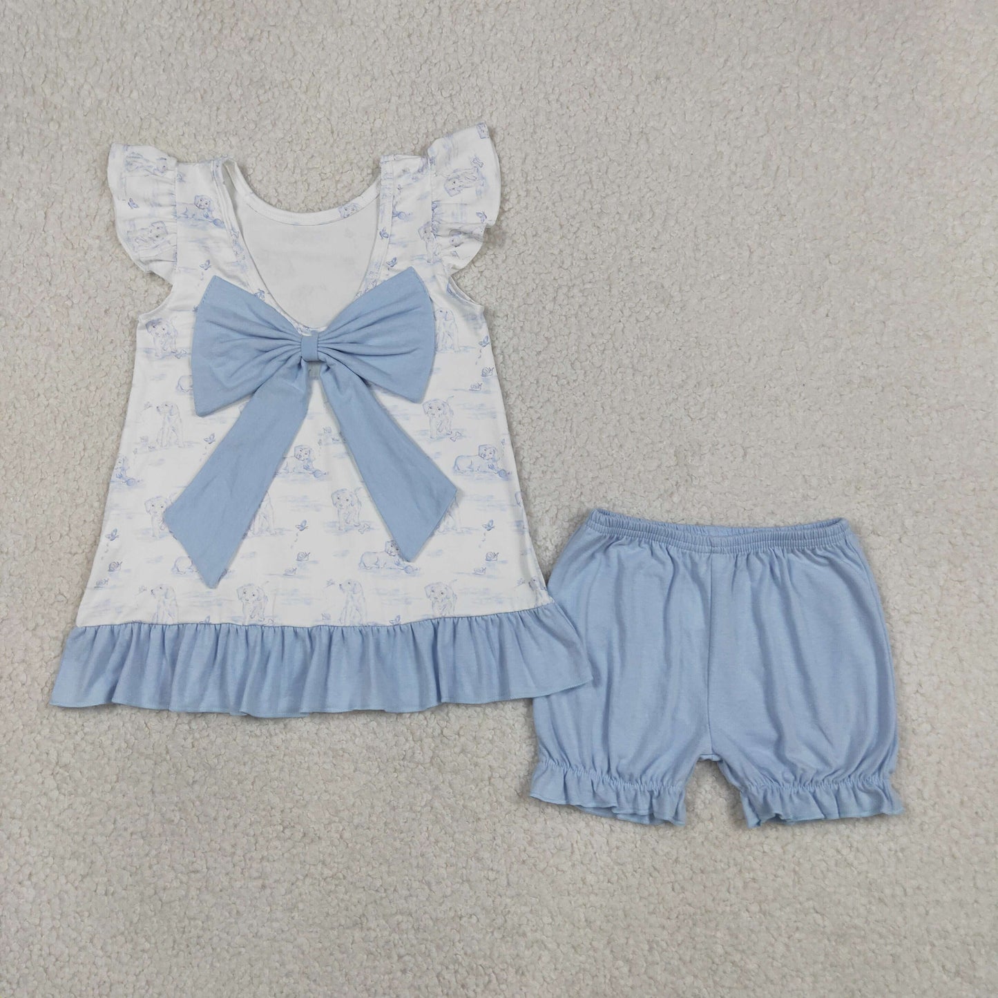 GSSO3061 Cute Dog Blue Flutter Sleeve With Bow Shorts Girls Set