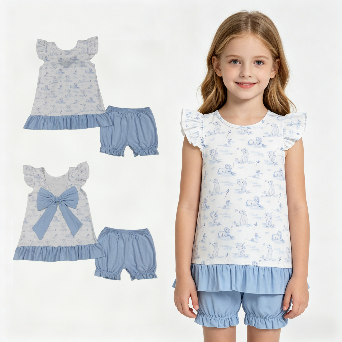 GSSO3061 Cute Dog Blue Flutter Sleeve With Bow Shorts Girls Set