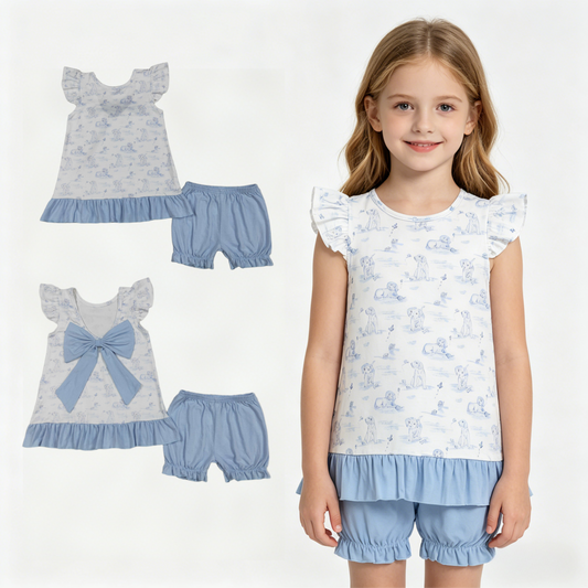 GSSO3061 Cute Dog Blue Flutter Sleeve With Bow Shorts Girls Set