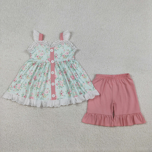 GSSO3036 Flowers Blue Flutter Sleeve Pink Shorts Girls Set
