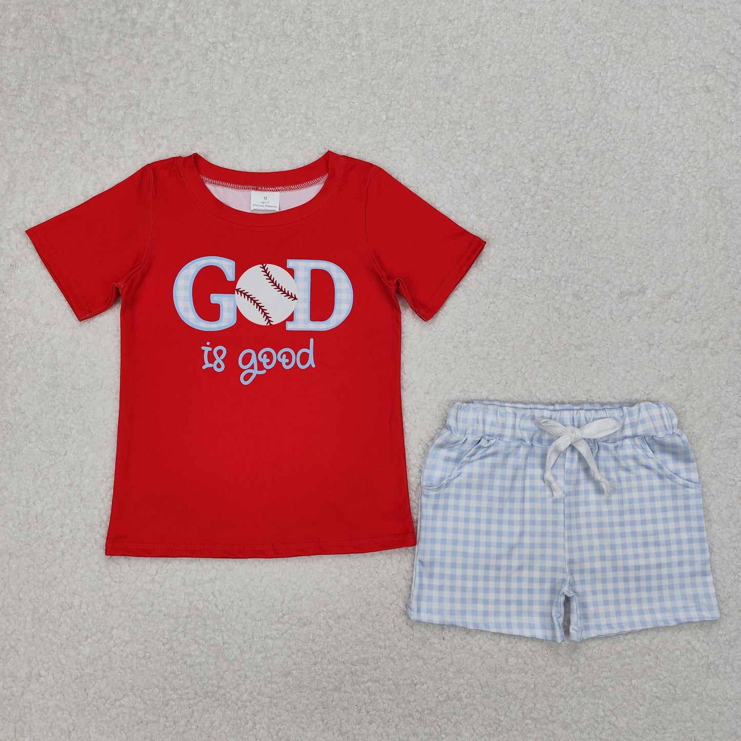 BSSO1248 God is good baseball red short sleeve blue checkered shorts boys set