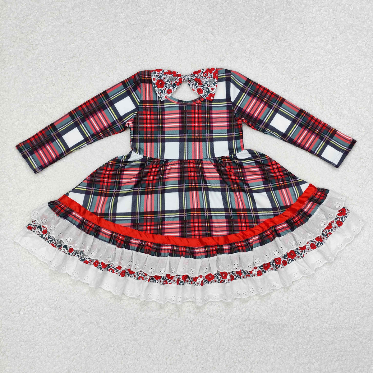 GLD0838 Christmas green red checkered long sleeve girls dress