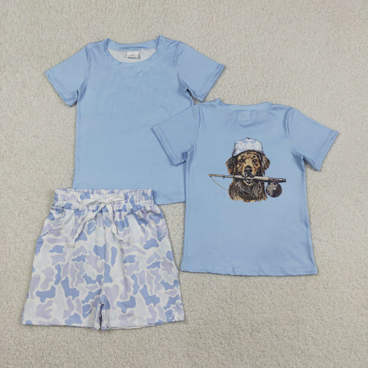 BSSO2015 Hunting Dog Blue Short Sleeve Camo Shorts Boys Set