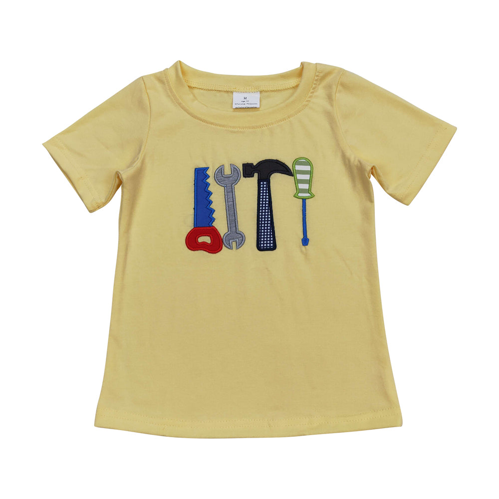 BT0575 embroidery Cartoon Tool Light Yellow Short Sleeve Boys Top