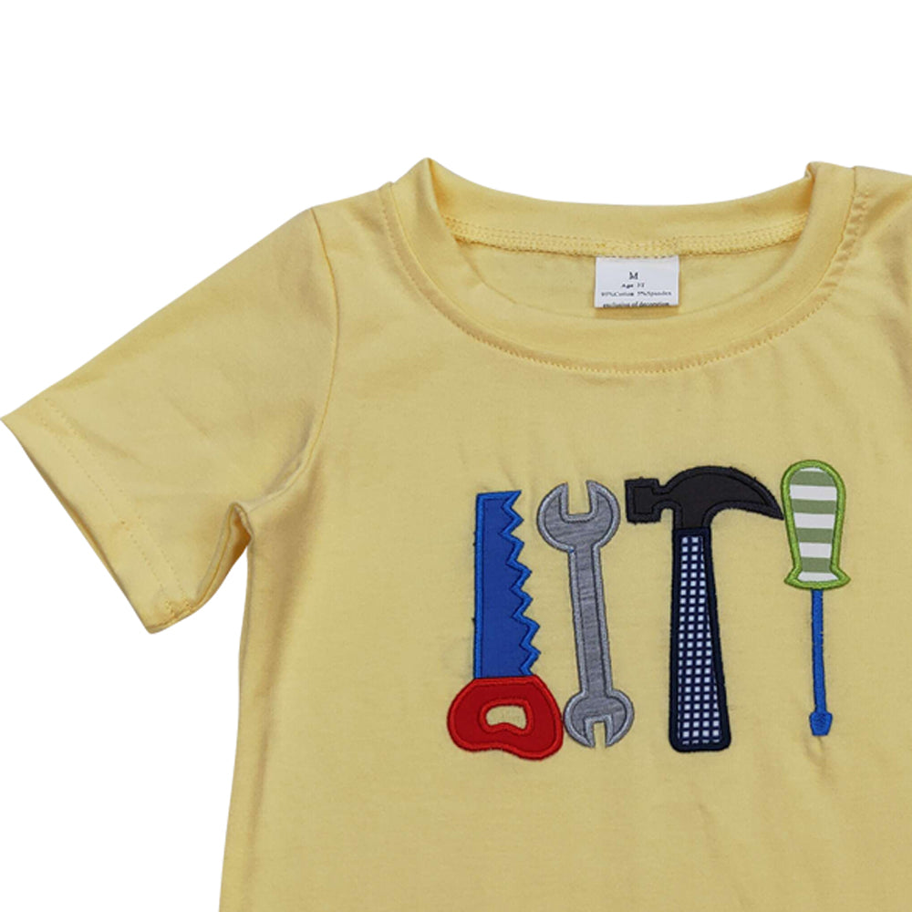 BT0575 embroidery Cartoon Tool Light Yellow Short Sleeve Boys Top