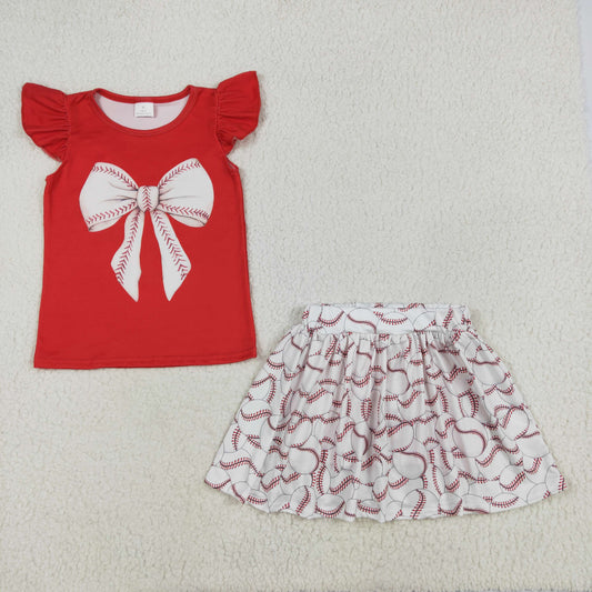 preorder GSD1722 Baseball cow red flutter sleeve skirt with shorts girls set