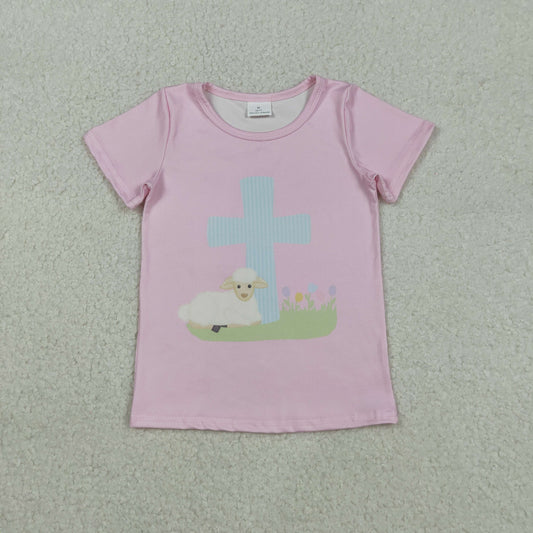 GT1394 Easter cross sheep pink short sleeve girls top