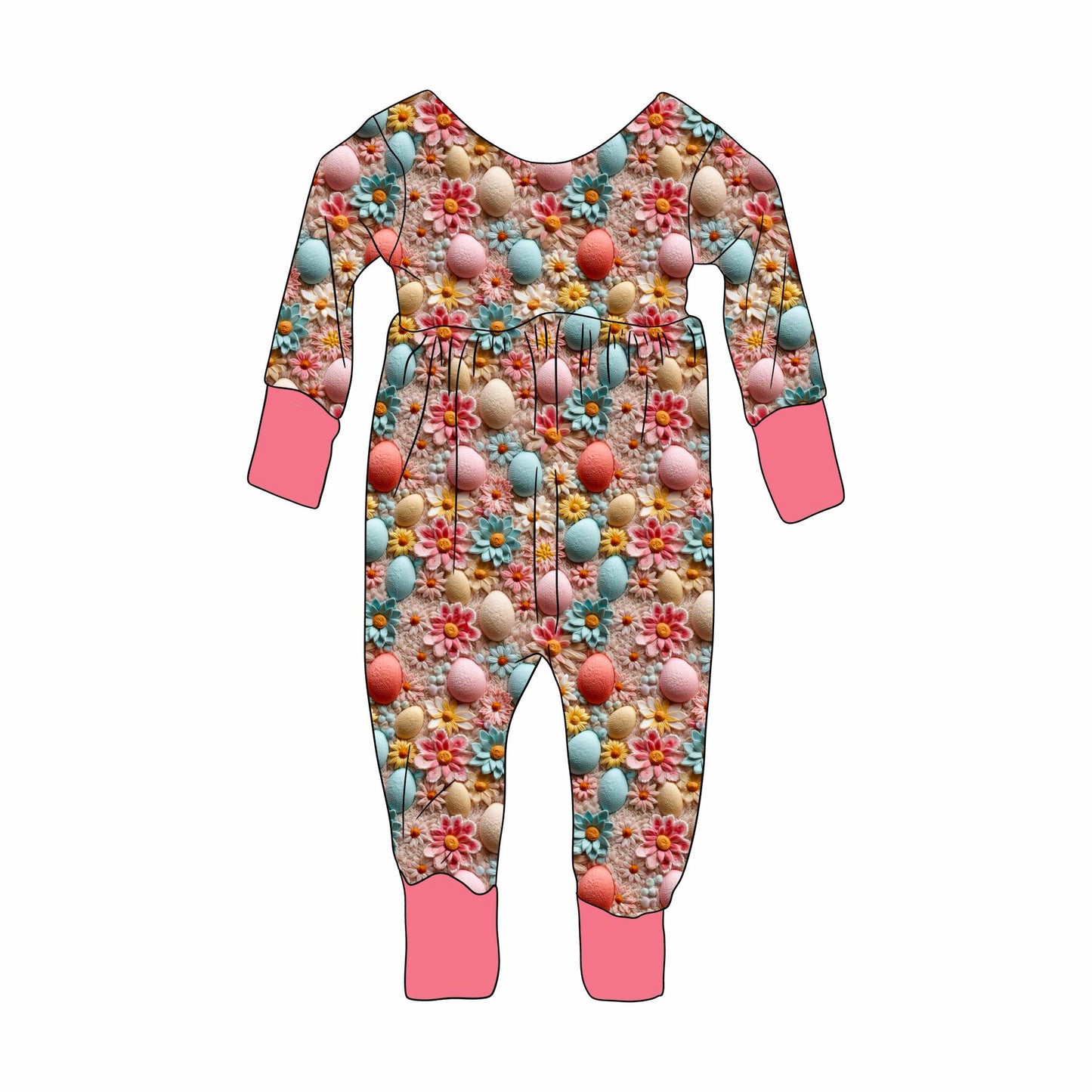 Custom Easter Colorful Flowers Egg Pink Long Sleeve Girls Romper
