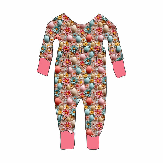 Custom Easter Colorful Flowers Egg Pink Long Sleeve Girls Romper