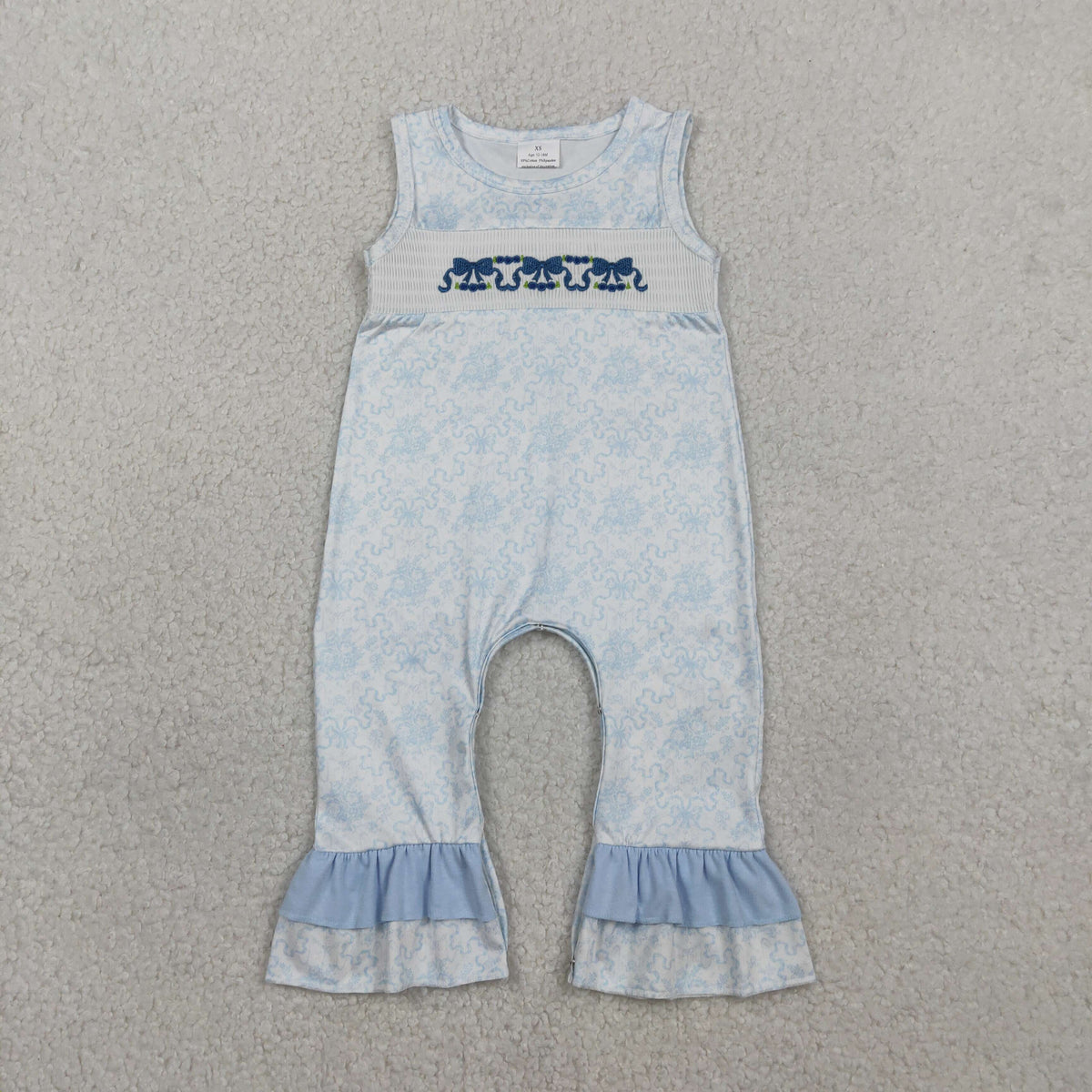Embroidery SR3843 Blue Flowers Bows Sleeveless Girls Romper