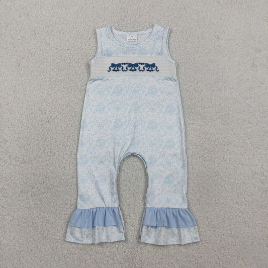 Embroidery SR3843 Blue Flowers Bows Sleeveless Girls Romper