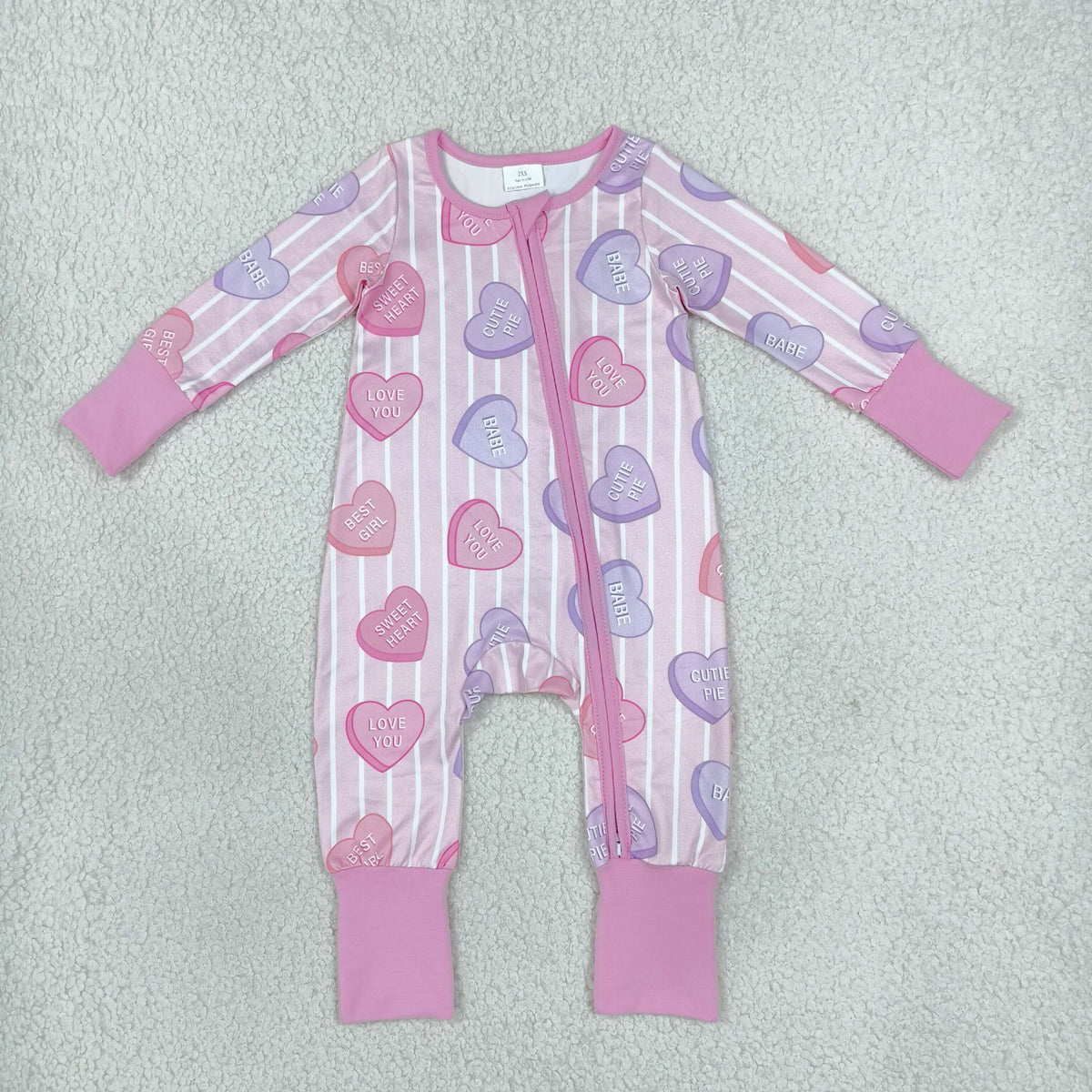 LR3325 Valentine's Day Heart Pink Striped Zipper Long Sleeve Girls Romper