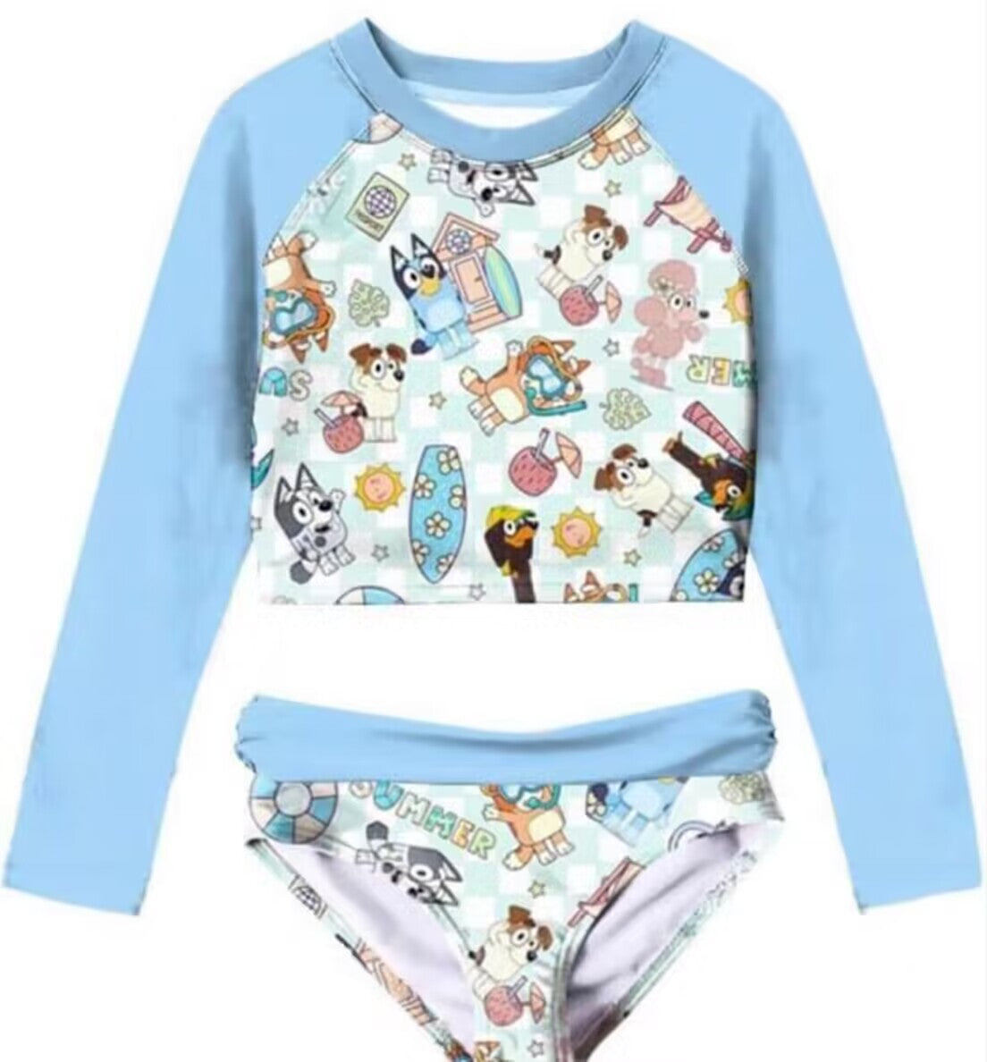 custom cartoon blue dog blue long sleeve 2pcs girls swimsuits