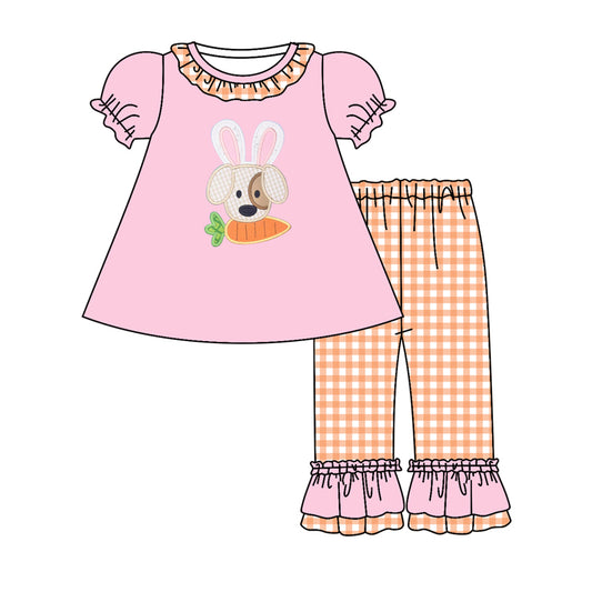 preorder GSPO0989 Easter dog rabbit carrot pink short sleeve orange checkered pants boys set