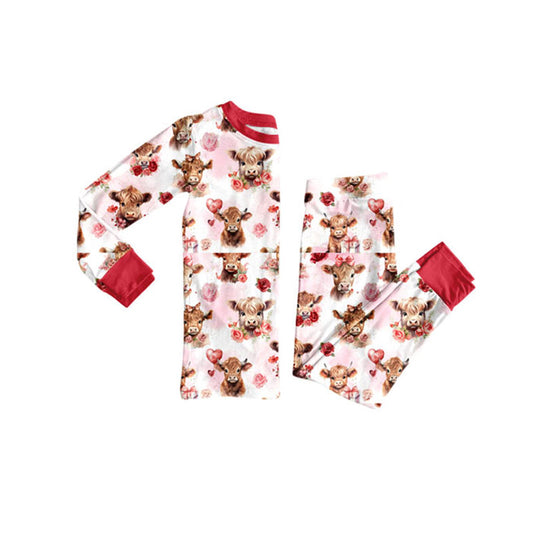 custom moq 5 highland cow flowers red long sleeve pants girls pajamas