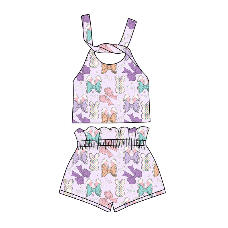 custom (moq 5)Baby Girls Easter Bows Straps Top Shorts Clothes Sets