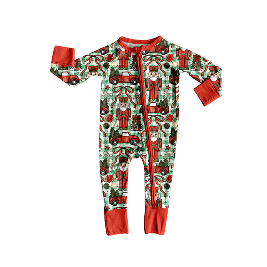 Custom moq 20 bamboo Christmas tree truck soldier red zipper long sleeve girls romper