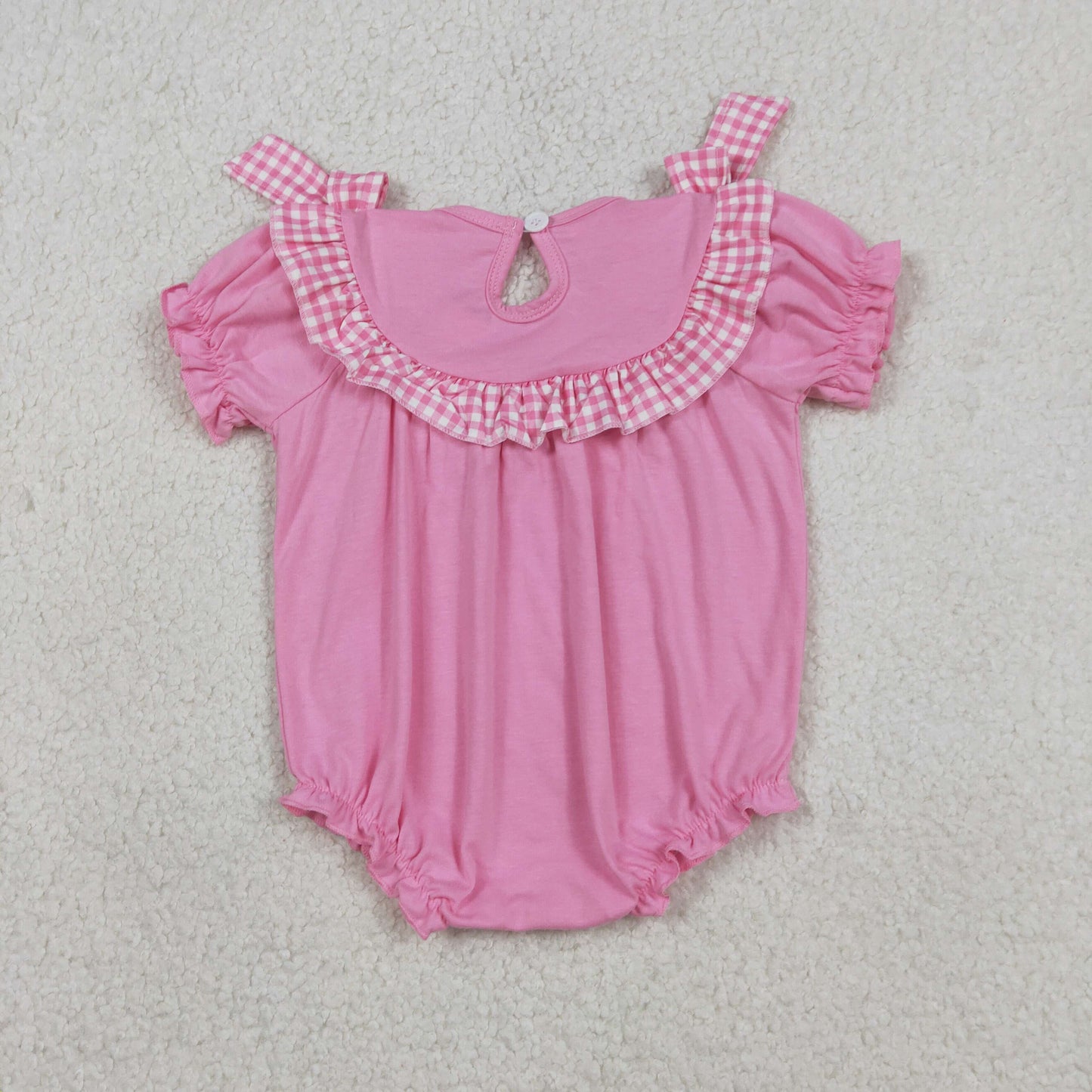 Smocked Embroidery SR3250 Easter cross bows hot pink short sleeve girls romper