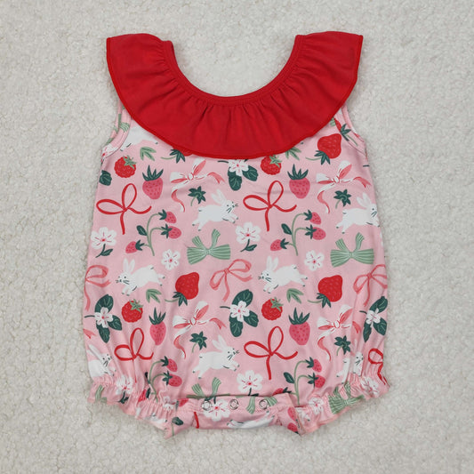 SR2582 Rabbit Strawberry Flower With Bow Red Girls Romper