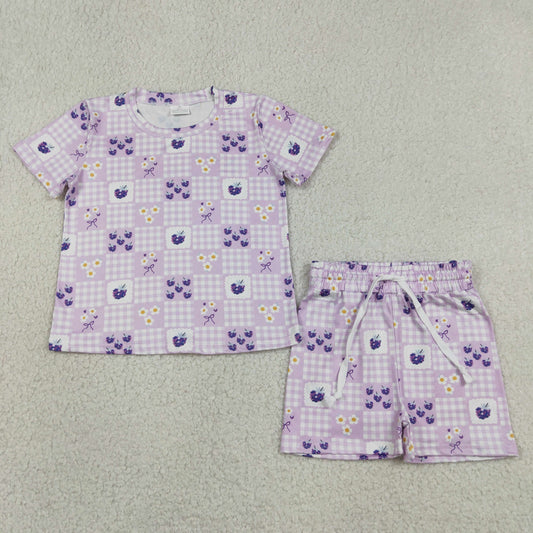 GSSO3647 Purple Flowers Bows Short Sleeve Shorts Girls Set