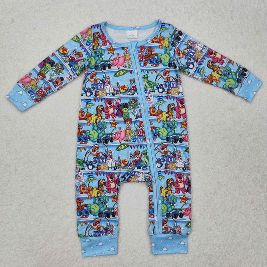 Custom moq 20 bamboo Cartoon Toy Bear Animals Blue Long Sleeve Zipper Baby Boys Romper