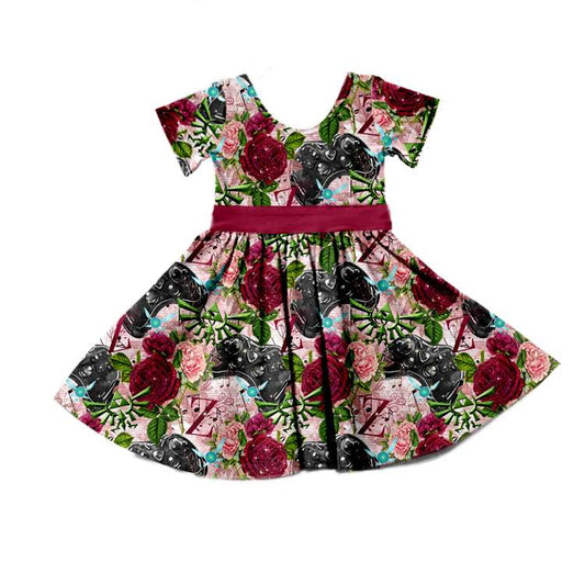 custom S 8.9 Red flowers short sleeve girls dress