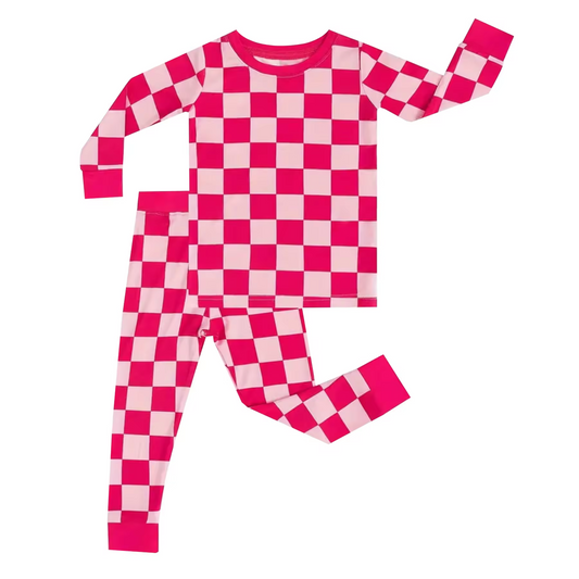 custom hot pink checkered long sleeve pants girls pajamas