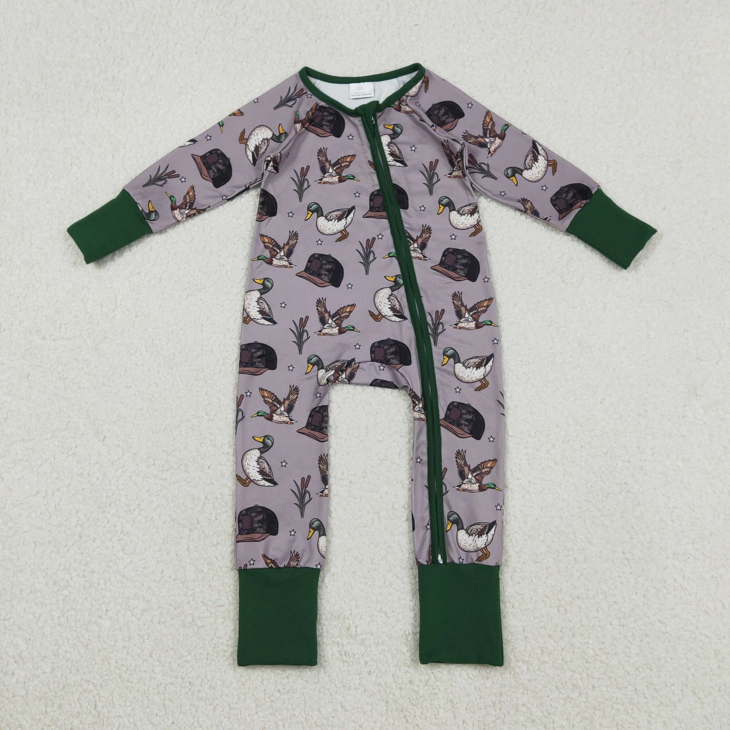 LR2886 Hunting Mallard Duck Hat Green Zipper Long Sleeve Boys Romper