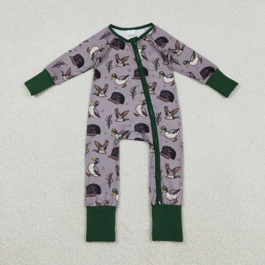 LR2886 Hunting Mallard Duck Hat Green Zipper Long Sleeve Boys Romper