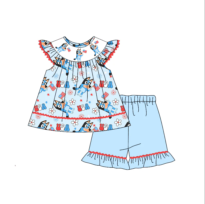 custom style July 4th blue dog flutter sleeve blue shorts girls set