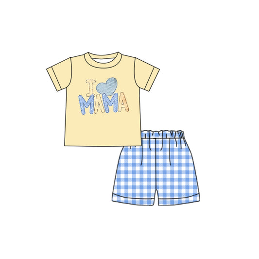 preorder BSSO0313 I love mama yellow short sleeve blue checkered shorts boys set