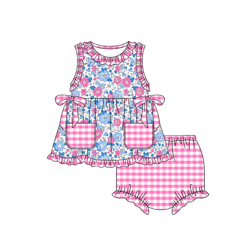 preorder GBO0312 colorful flowers pockets sleeveless hot pink checkered girls bummies set