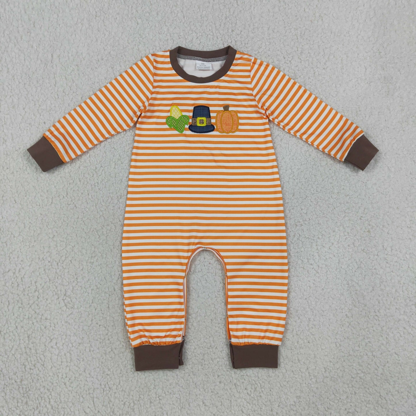 Embroidery LR3037 Halloween Pumpkin Corn Striped Long Sleeve Boys Romper