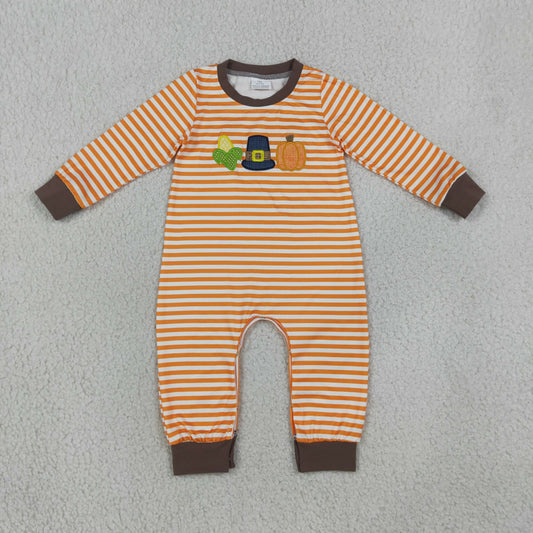 Embroidery LR3037 Thanksgiving Pumpkin Corn Striped Long Sleeve Boys Romper