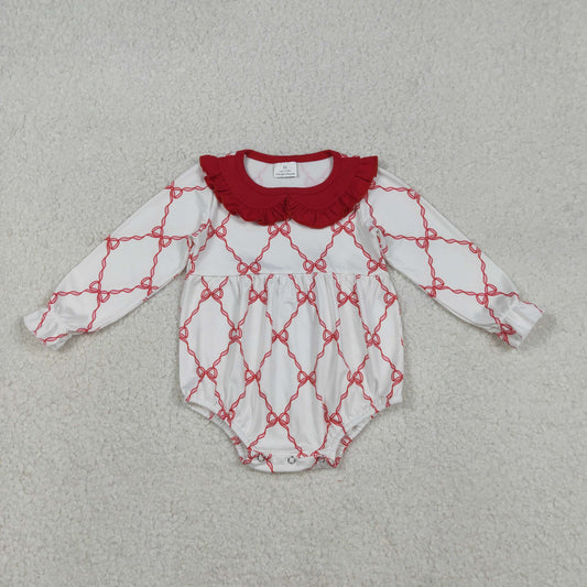 LR2725 Valentine's Day red bows long sleeve girls romper