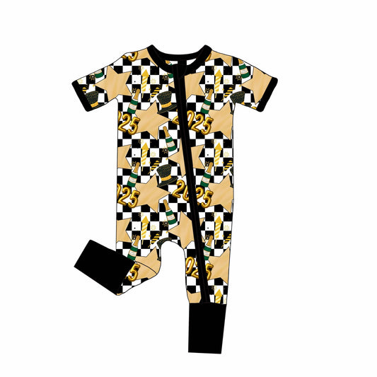 custom happy new year 2025 black checkered short sleeve zipper boys romper